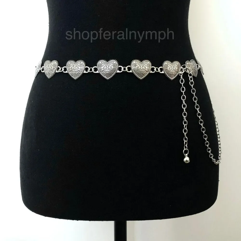 Vintage Y2K Ornate Silver Heart Chain Belt, Fits 13.5–44.5 Inches, X7GA1223